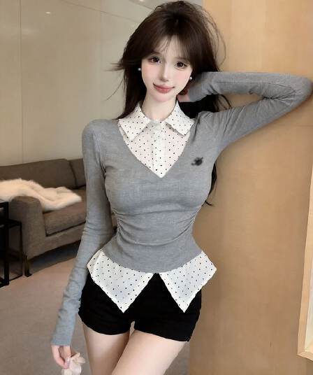 실사 새로운 자이언트 잘 생긴 순수한 욕망 핫걸 고유 한 디자인 센스 POLO 칼라 페이크 레이어드 긴팔 맨위 여성