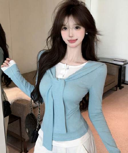실사 새로운 순수한 욕망 핫걸 고유 한 숄 패치워크 페이크 레이어드 긴팔 티셔츠 맨위 여성