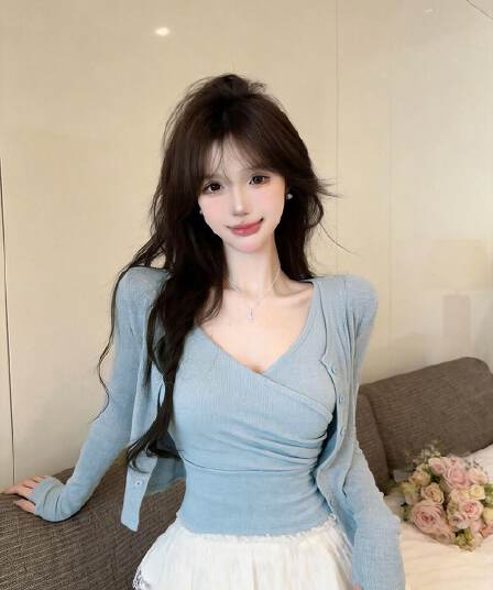 실사 새로운 한국 스타일 ins 바람 miu 부서 센스 벨트 가슴 패드 십자가 슬립 오픈 가디건 두 조각 여성 세트