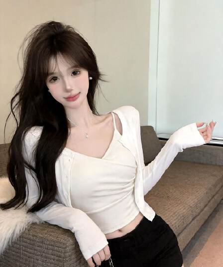 실사 새로운 한국 스타일 ins 바람 miu 부서 센스 벨트 가슴 패드 십자가 슬립 오픈 가디건 두 조각 여성 세트