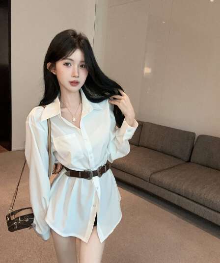 실사 새로운 외국 가스 패션 연령 감소 POLO 칼라 다용도 슬림해 보이는 드레스 여성 셔츠 벨트 포함