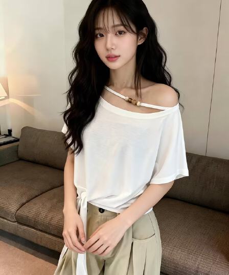 실사 새로운 고유 한 슈퍼 잘 생긴 불규칙 밑단 스트랩 한 단어 비스듬한 어깨 반팔 티셔츠 맨위 여성