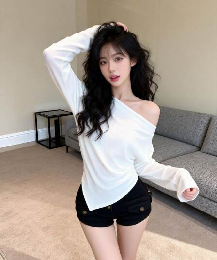 실사 새로운 핫걸 순수한 욕망 바람 오프숄더 불규칙 작은 셔츠 여성 몸매 가꾸기 슬림해 보이는 맨위 만나는