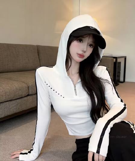 실사 새로운 한국 스타일 ins 바람 miu 징 버클 고유 한 디자인 센스 후드 하프 지퍼 긴팔 맨위 여성