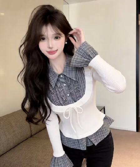 실사 새로운 핫걸 POLO 칼라 고유 한 디자인 센스 체크무늬 패치워크 페이크 레이어드 몸매 가꾸기 품격 맨위 여성