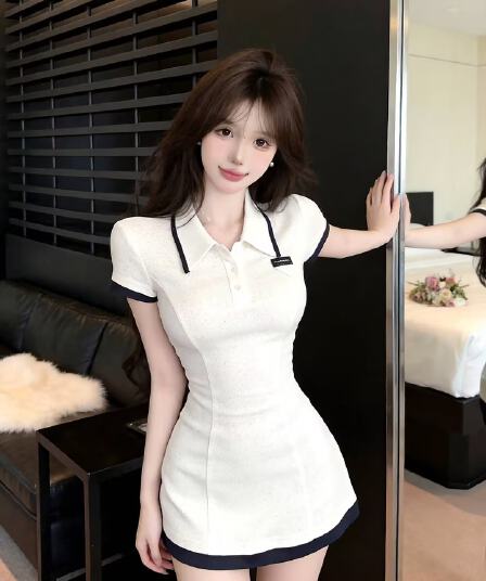 실사 새로운 한국 스타일 ins 바람 miu 부서 센스 POLO 칼라 반팔 타이트 스커트 허리 수축 여성 드레스