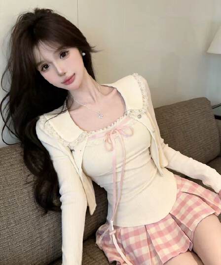 실사 새로운 자이언트 잘 생긴 순수한 욕망 핫걸 고유 한 디자인 센스 슬립 긴팔 오픈 가디건 두 조각 여성 세트