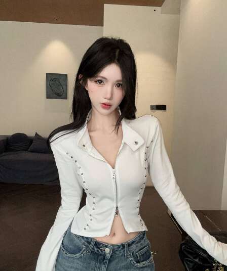 실사 새로운 디자인 센스 징 버클 몸매 가꾸기 Chic 오픈 가디건 허리 수축 더블 지퍼 쇼트 스타일 맨위 여성