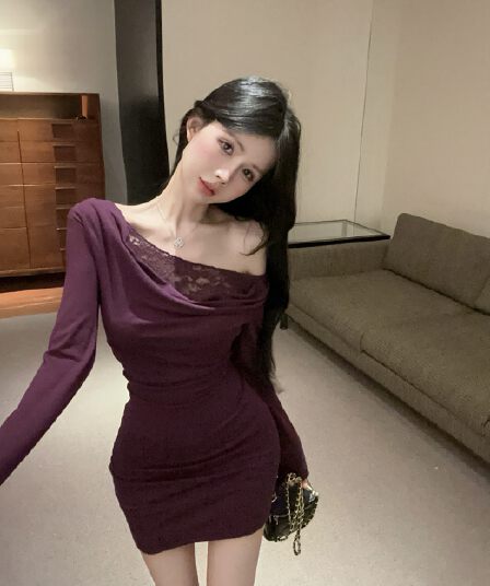 실사 새로운 핫걸 오프숄더 디자인 섹시함 허리 수축 슬림해 보이는 아름다운 여성 드레스