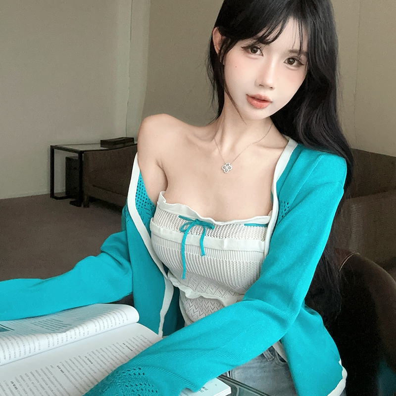 BY34281# 新款甜辣炸街长袖防晒衫+性感时髦罩衫两件套女 服裝批發女裝批發服飾貨源