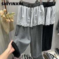 批发加绒原版德绒复合超绒<b class='q'>设计</b>感小众蕾丝拼接阔腿裤冬新款休闲裤