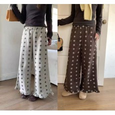 批发 复古花朵松紧腰显瘦毛冬上新韩系简约呢料直筒休闲裤休闲裤