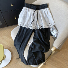 批发韩系<b class='q'>设计</b>感小众蕾丝拼接显瘦阔腿裤2026春新款小个子休闲长裤
