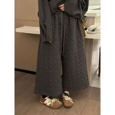 批发韩版款加绒加厚不规则菱格夹棉高腰垂感束脚阔腿裤