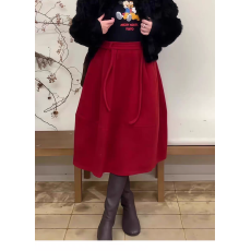 批发冬上新简约慵懒风高腰抽绳A字裙加厚<b class='q'>半身</b>裙(配腰绳)