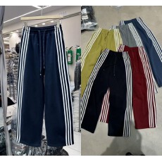 批发冬季款松紧高腰显瘦竖条纹拼色加绒加厚直筒<b class='q'>休闲</b>长裤