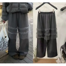 批发新款蕾丝网纱拼接高腰显瘦百搭休闲<b class='q'>裤</b>宽松阔腿长<b class='q'>裤</b>