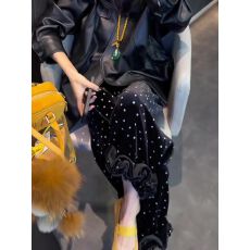 批发慵懒松弛感2026新款黑色波点丝绒裤子女秋冬木耳边<b class='q'>休闲裤</b>