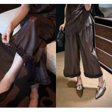 批发 木耳边拼接pu皮裤欧货2026新款复古宽松显瘦百搭休闲九分裤