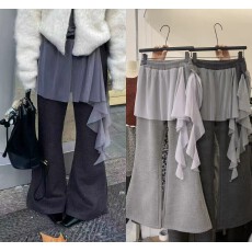 韩版设计感拼接网纱显瘦微喇休闲裤女2026新款高腰加绒喇叭裤