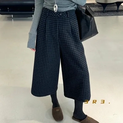 새로운 Chic 하이웨이스트 체크무늬 모직 와이드 레그 팬츠 패션 7부 바지 부츠 팬츠 슬림해 보이는 바지