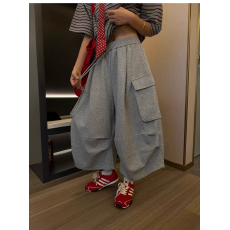 批发高腰多口袋工装阔腿裤女宽松休闲裤2026灰色抽绳松紧腰<b class='q'>裤子</b>潮