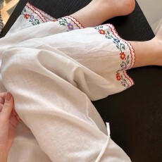 批发官图高级撞色刺绣直筒亚麻裤夏气质老钱风显瘦<b class='q'>休闲</b>白色阔腿裤