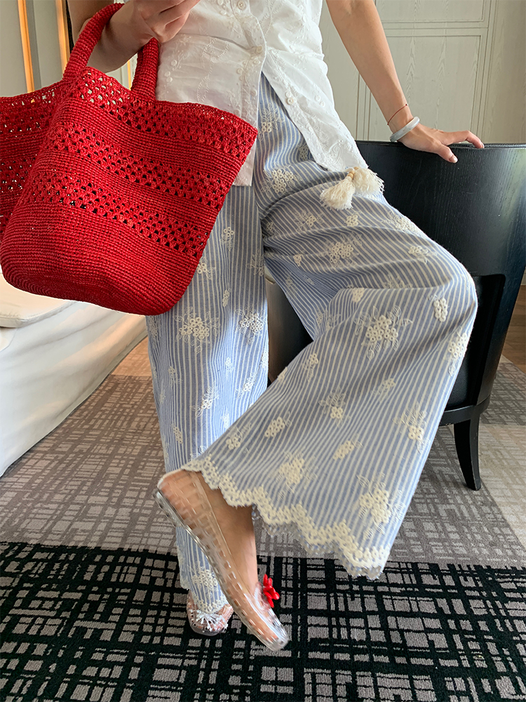 여름 루즈핏 bf 느긋한 바람 2026 년 새로운 디자인 센스 와이드 레그 팬츠 자수 스트라이프