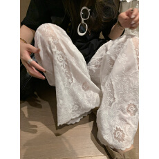 批发韩国东大门2026夏新款<b class='q'>高腰</b>松紧侧边镂空蕾丝带内衬卷边休闲裤