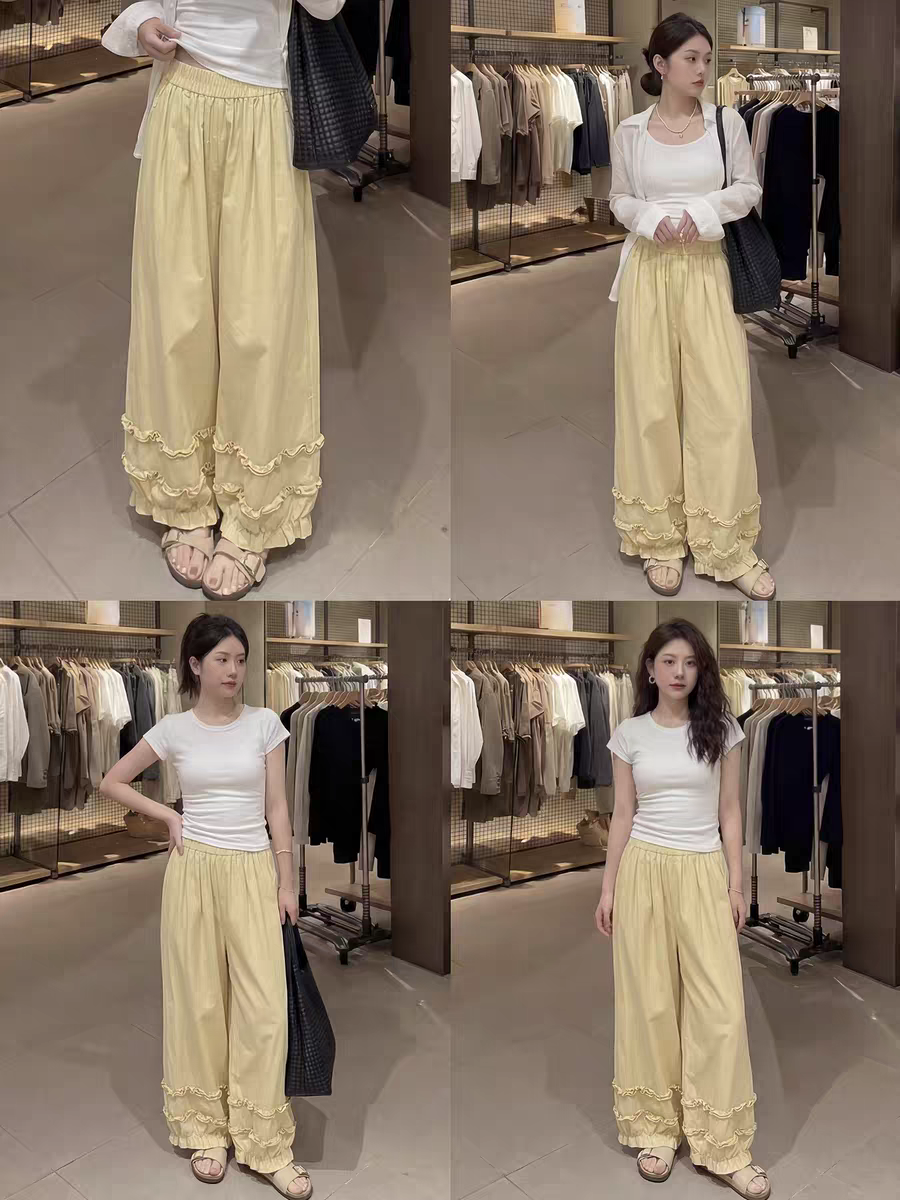 2026 여름 빅 사이즈 여성 프릴 와이드 레그 팬츠 허리밴드 레이스 패치워크 9부 바지 다용도 캐주얼 바지