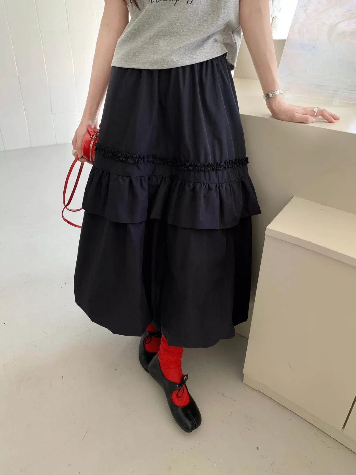 한국 스타일 chic 봄 아모이 프랑스식 레트로 디자인 센스 층 플리츠 꽃밭 중간 길이 반신 스커트