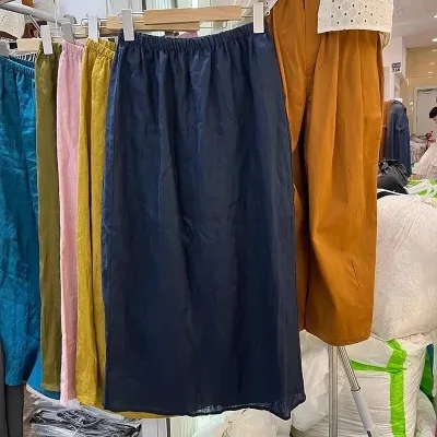 패션 캐주얼 단색 다용도 아마 반신 스커트 여성 여름 허리밴드 슬림해 보이는 롱 코트 루즈핏 A라인 스커트