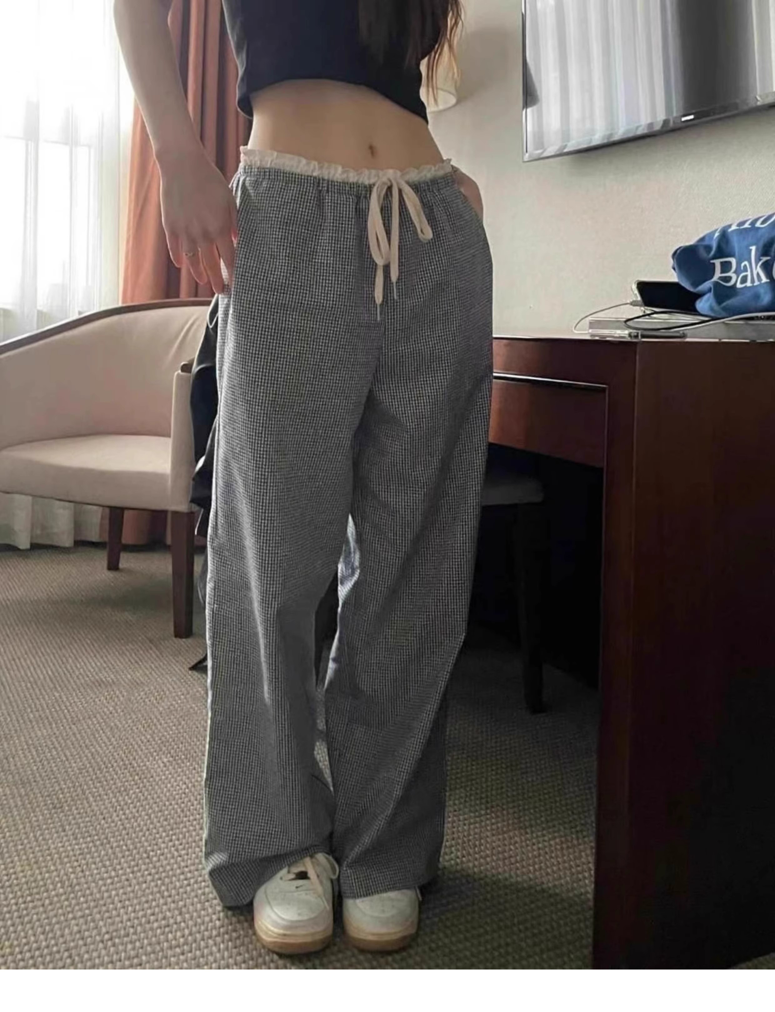 한국 ins 봄 여름 레트로 레이스 패치워크 작은 체크무늬 루즈핏 느긋한 바람 스트레이트 캐주얼 바지