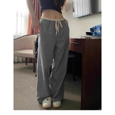 批发韩国ins春夏复古花边拼接小格纹宽松慵懒风直筒休闲<b class='q'>裤</b>子