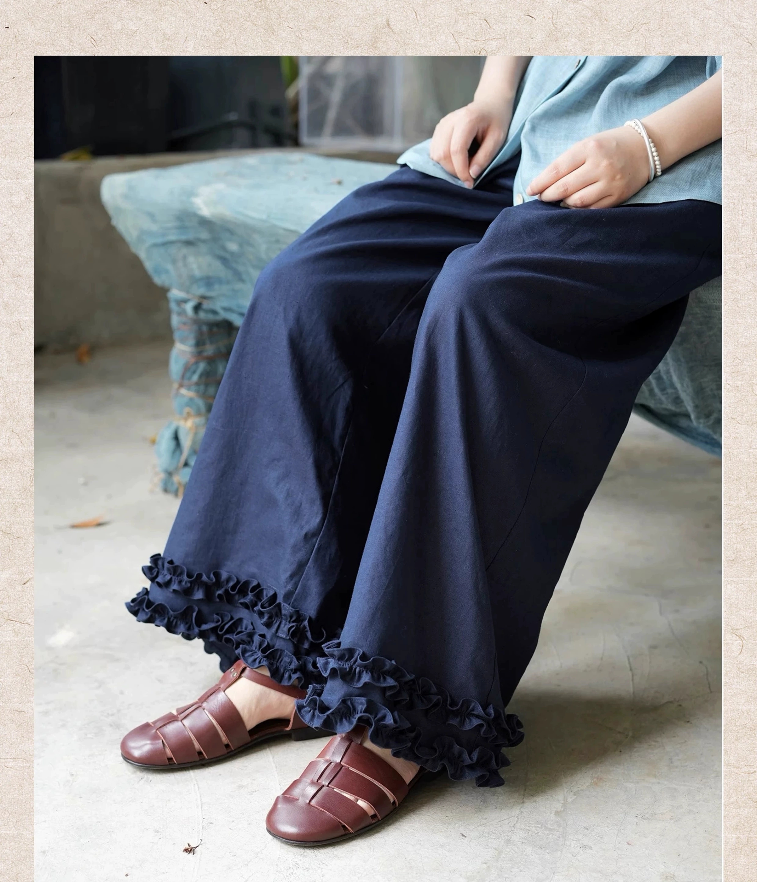 산에서 있음 구이즈 봄 루 체 꽃 꽃 바지 그래. 블루 색상 주간 실크 일상 레이스 캐주얼 바지