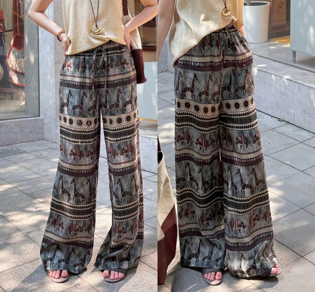 2026 여름 루즈핏 캐주얼 바닥 청소 바지 외국 가스 연령 감소 표지 고기 슬림해 보이는 동물 프린트 스트레이트 캐주얼 바지