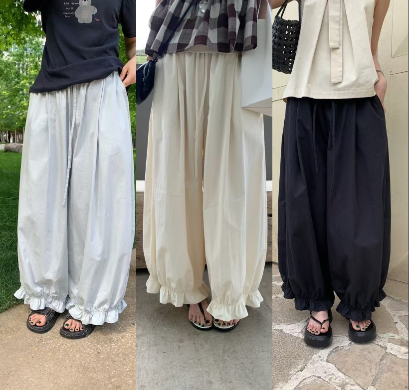 한국 스타일 eggplant 외국 가스 살구 색상 허리밴드 꽃밭 바지 여성 루즈핏 캐주얼 배기 바지 와이드 레그 팬츠