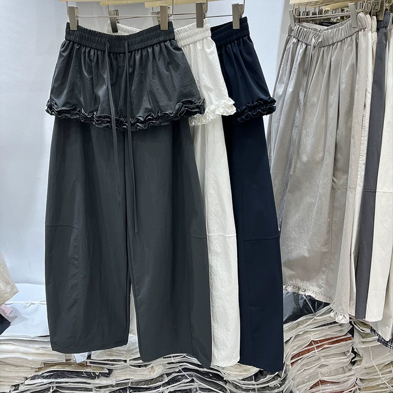 프릴 방귀 커튼 캐주얼 바지 여성 2026 여름 조거 둘 착용 달콤함 풍선 바지 작은 키 넓은 다리 길이 바지