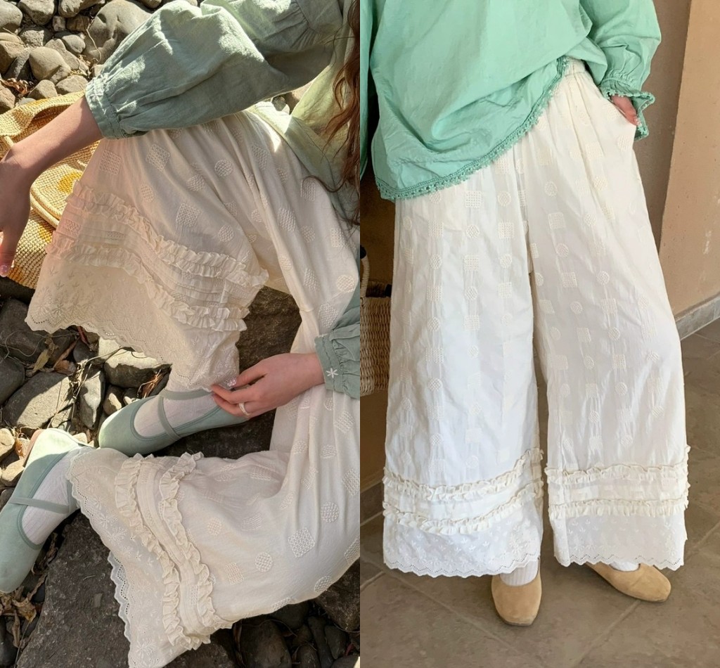 자수 레이스 와이드 레깅스 바지 여름 새로운 디자인 센스 슬림해 보이는 레이스 패치워크 도루 센스 캐주얼 바지