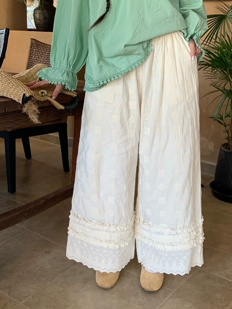 자수 레이스 와이드 레그 팬츠 디자인 센스 하이웨이스트 슬림해 보이는 허리밴드 레이스 패치워크 바지 도루 센스 캐주얼 바지