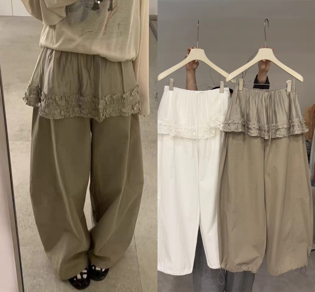 실사 프릴 방귀 커튼 캐주얼 바지 2026 여름 조거 둘 착용 달콤함 풍선 바지 작은 키 와이드 레그 팬츠