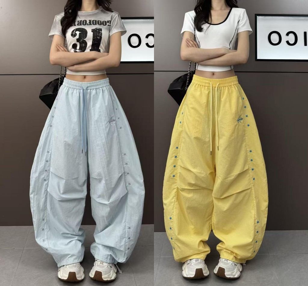 원본 기타 바 모통이 칼 바지 2026 새로운 별 자수 속도 건조한 워크웨어 팬츠 패션 넓은 다리 캐주얼 바지