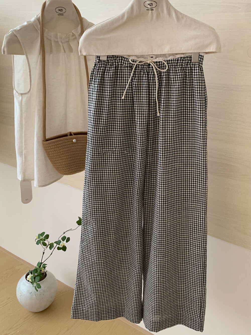 한 바람 chic 허리밴드 흑인과 백인 체크무늬 스트레이트 캐주얼 바지 여성 루즈핏 도루 가을 센스 하이웨이스트 와이드 레그 팬츠