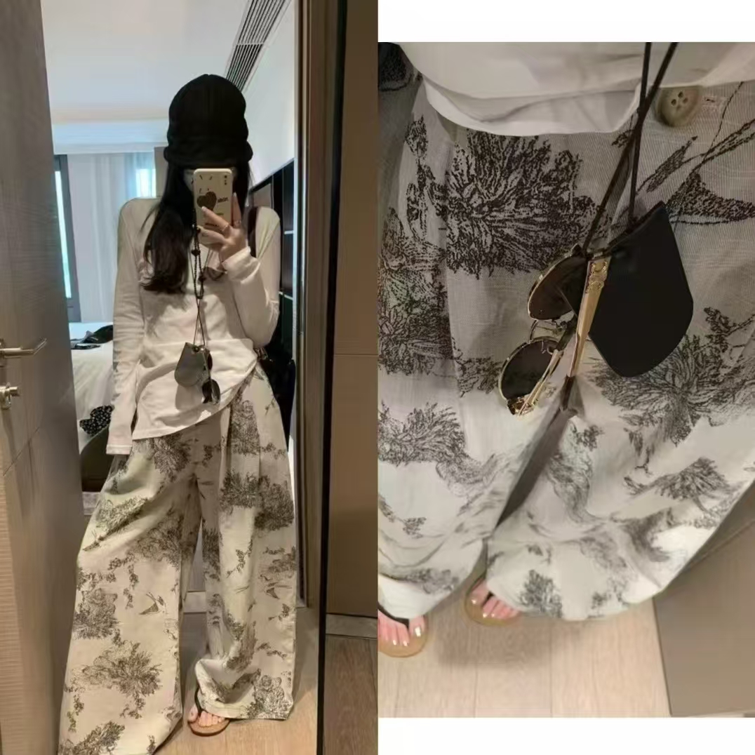 레트로 느긋한 바람 바닥 청소 넓은 다리 아마 바지 여름 프랑스식 고급 품격 루즈핏 하이웨이스트 슬림해 보이는 긴 바지