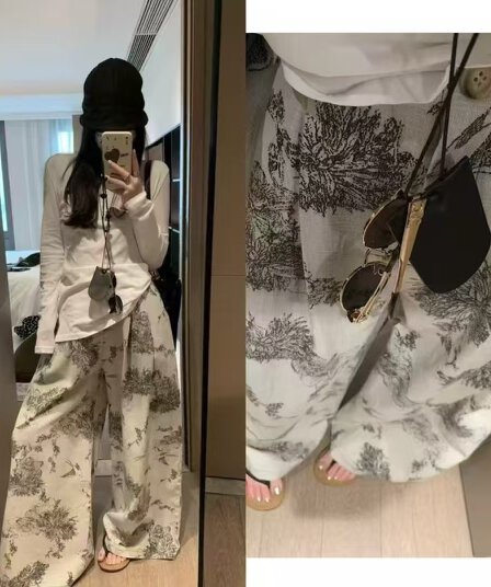 레트로 느긋한 바람 바닥 청소 넓은 다리 아마 바지 여름 프랑스식 고급 품격 루즈핏 하이웨이스트 슬림해 보이는 긴 바지