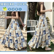 批发实拍 2026夏<b class='q'>高腰</b>遮胯显瘦褶皱印花半身a字长裙仙女蓬蓬蛋糕裙