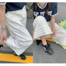 批发实拍 原创亚麻织仿牛仔裤脚木耳花边2026弹力松紧腰阔腿直筒裤