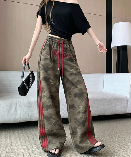 실사 아메리칸 레트로 카모플라주 와이드 레그 팬츠 루즈핏 측면 스트라이프 패치워크 캐주얼 거리 hiphop 웨이 바지