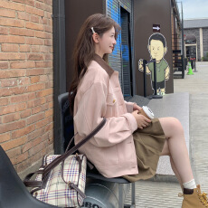 批发韩系麂皮绒工装外套女春秋2025新款<b class='q'>甜美</b>小个子学院风休闲夹克上衣