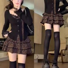 批发纯欲甜辣妹套装裙女早秋季假两件<b class='q'>蕾丝</b>豹纹上衣穿搭蛋糕裙子两件套